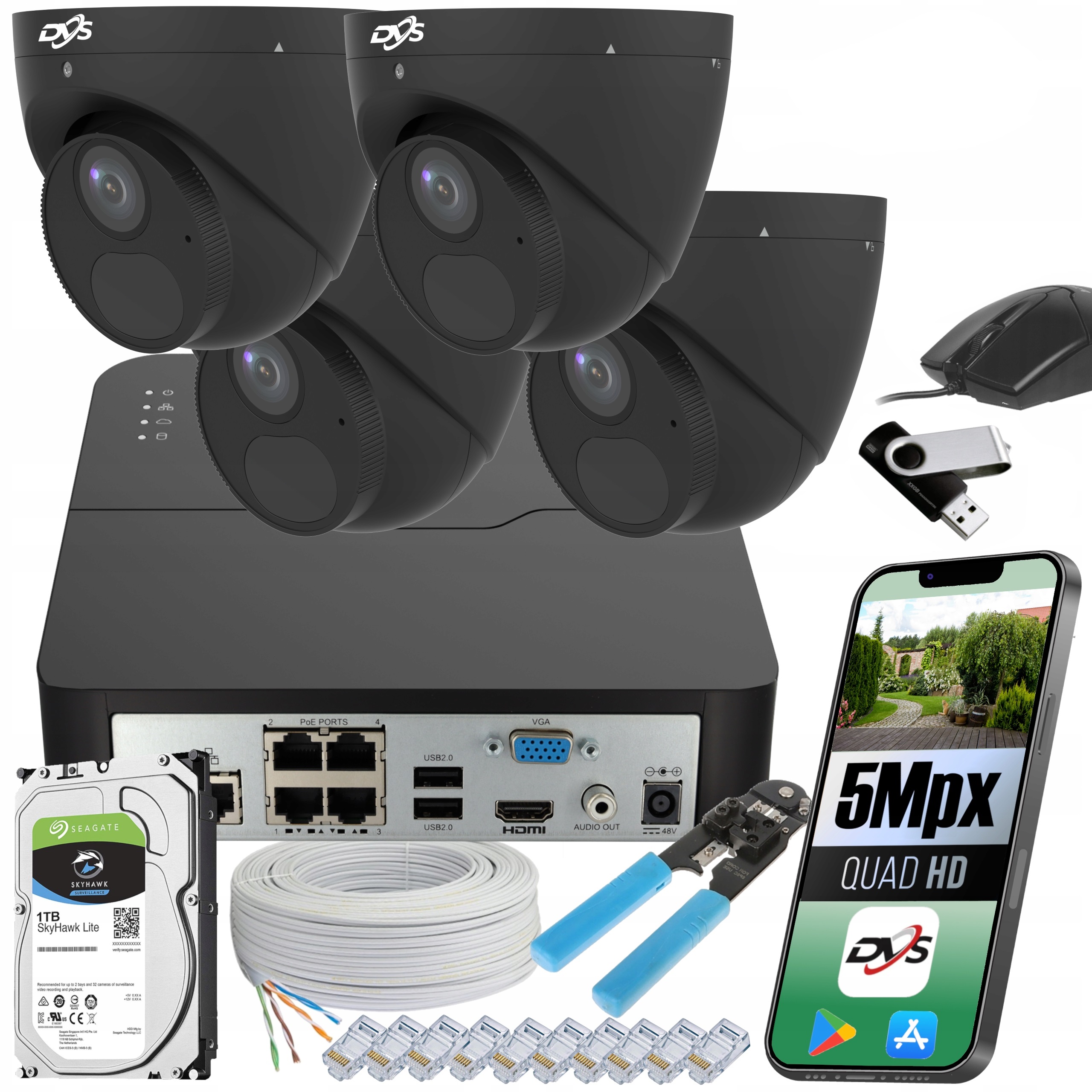 Sada 4 Kamer Pro Monitorování Ip Kamery 5Mpx Poe Kovové Černé Smart Dvs