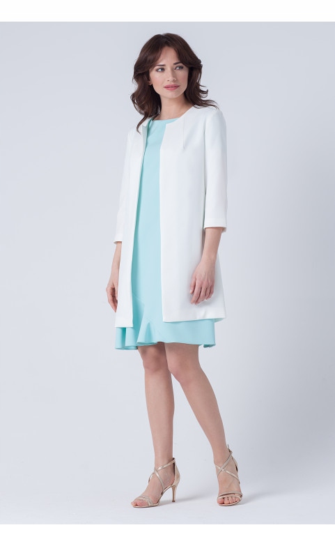 WIZYTOWY PŁASZCZ DŁUGI PROSTY ŻAKIET ECRU 44