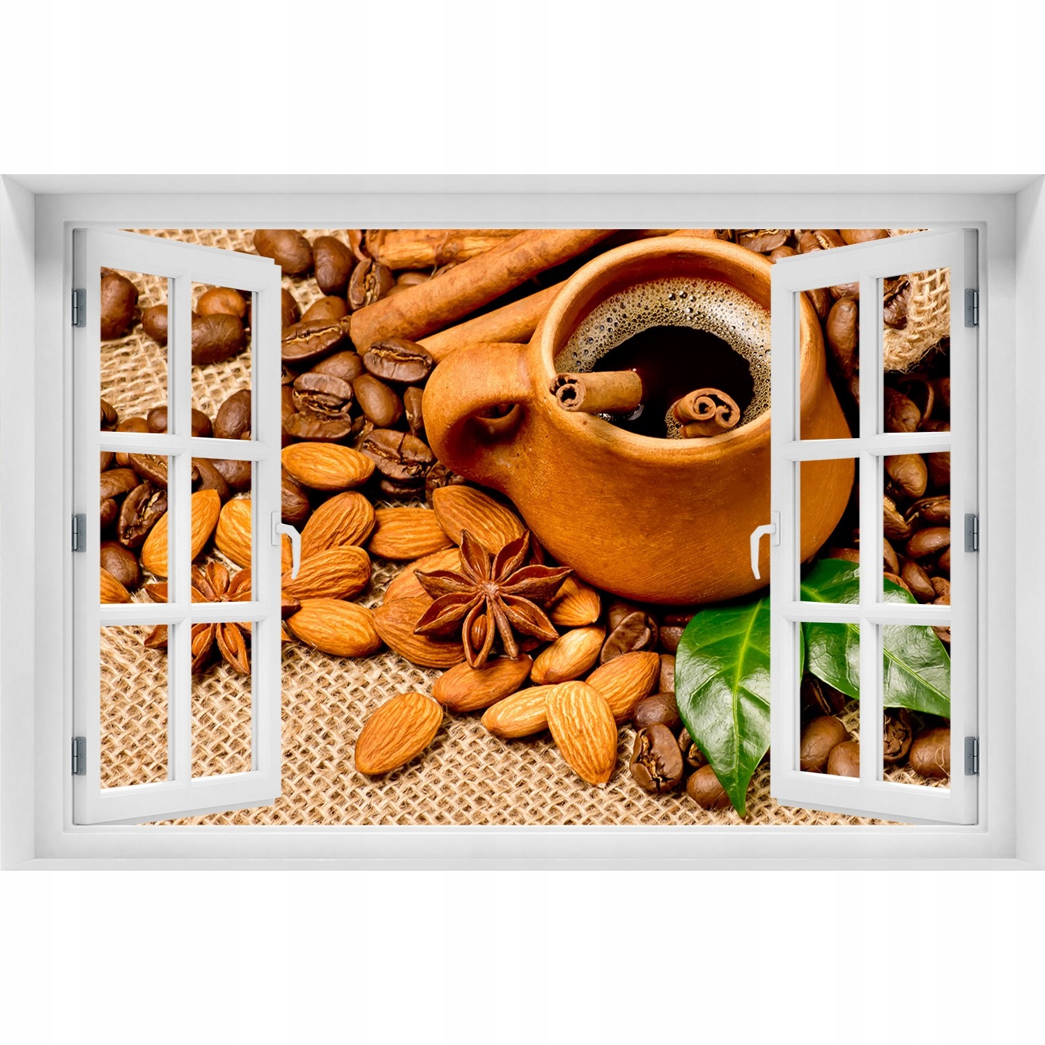 

3D Okno Naklejka Samoprzylepna Ziarna kawy i kubek