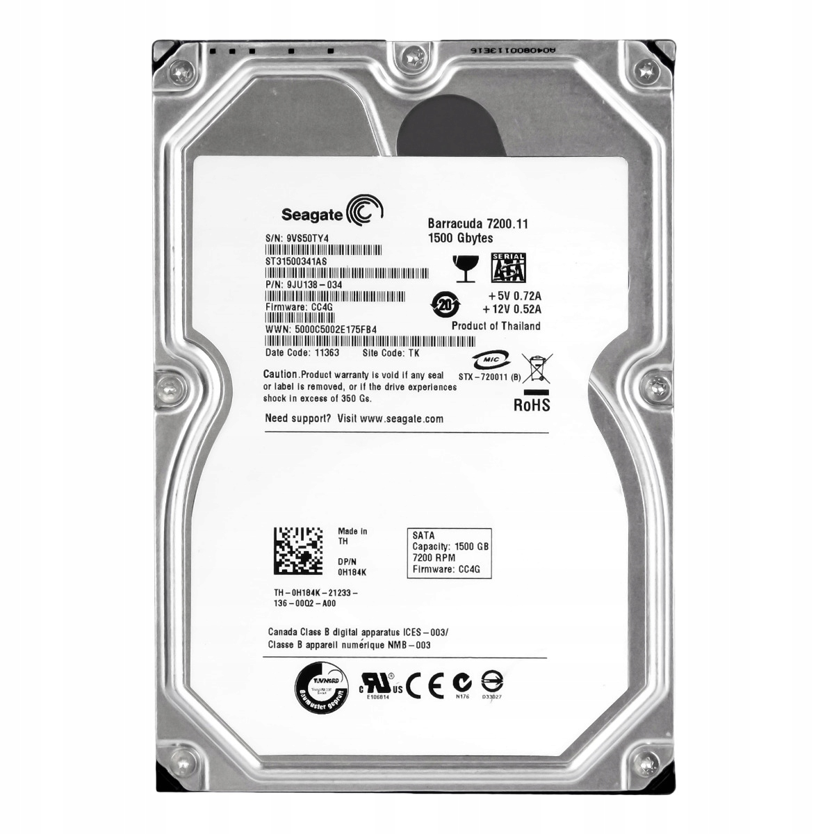 Dell 0H184K 1.5TB 7.2K 32MB Sata II 3.5'' ST31500341AS