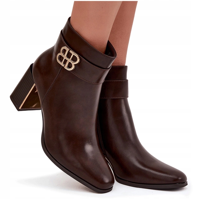 Dámské Kotníkové Boty Podpatek Sloupek Eko Kůže Pásek Zlatý Detail Čokoládový Zip 38