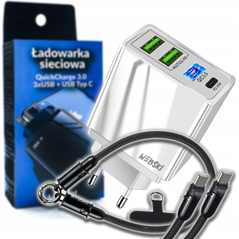 Ładowarka Sieciowa 4xUSB Usb Typu C Qc 3.0 Power Delivery 20W+SZYBKI Kabel