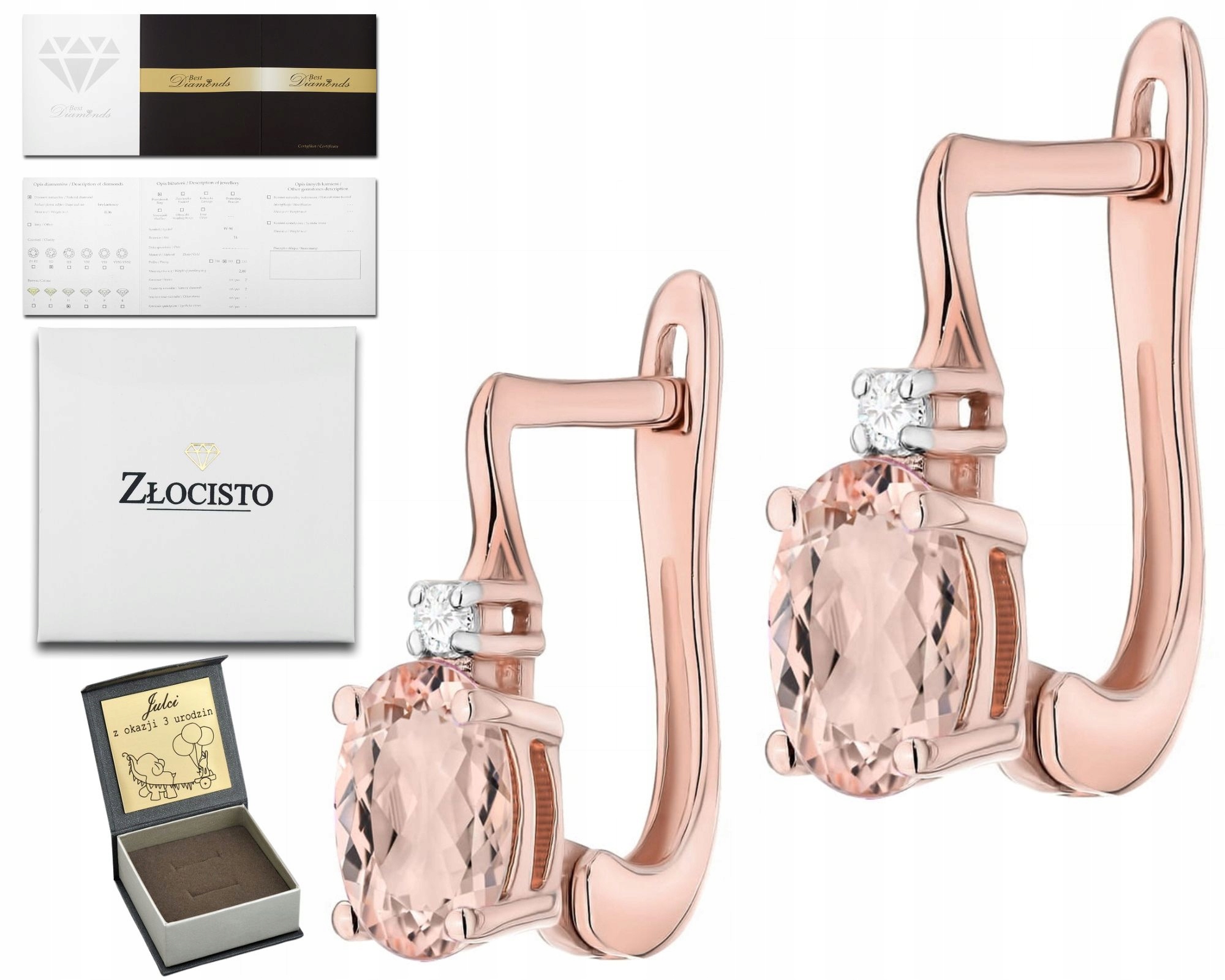 Přírodní Kámen Morganit Diamanty Brilianty Náušnice Růžové Zlato 585