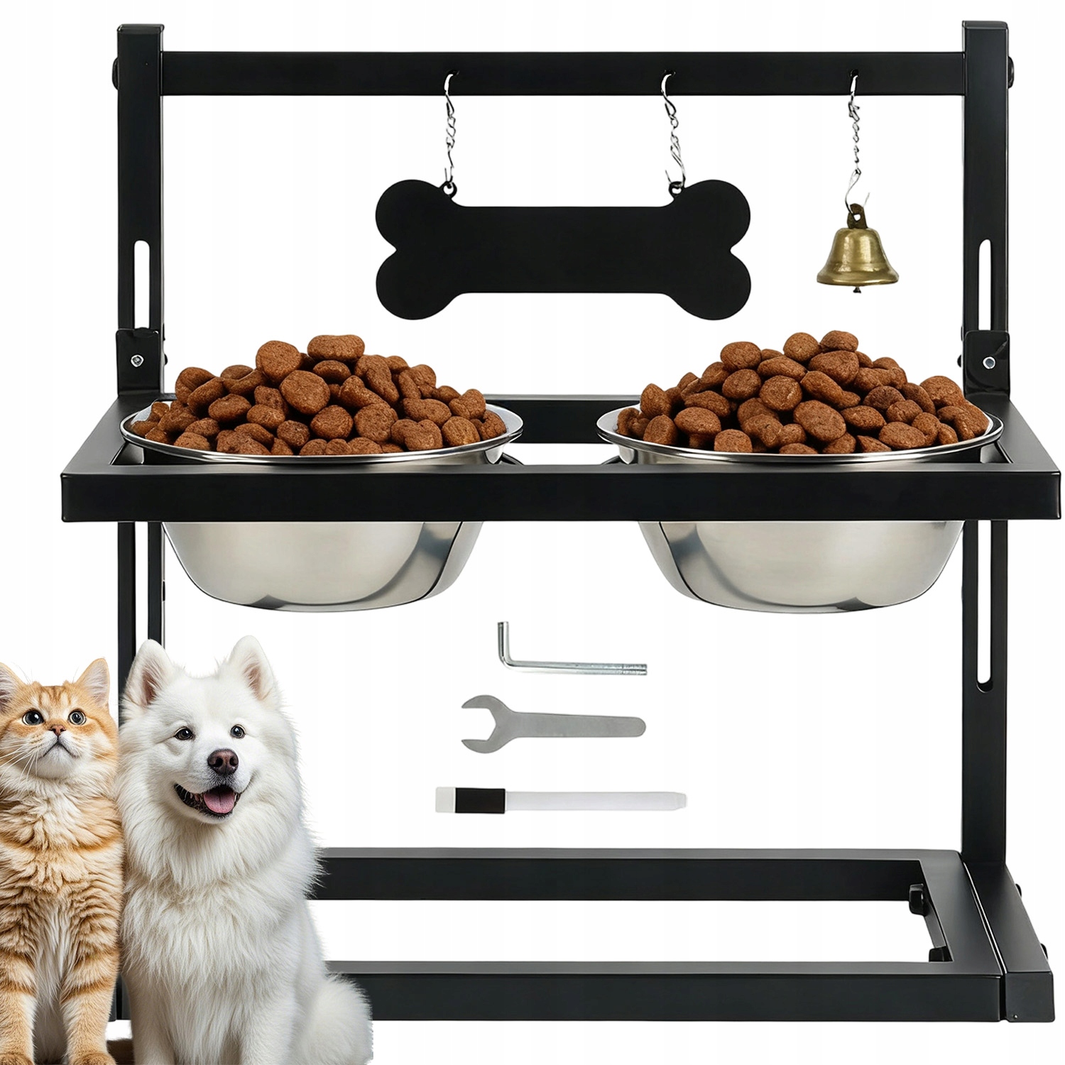 Stojan Pro Psa 2 Misky Ocel Nerezová Regulace Výška Zvonek ID Vyjímatelné 1.15 L