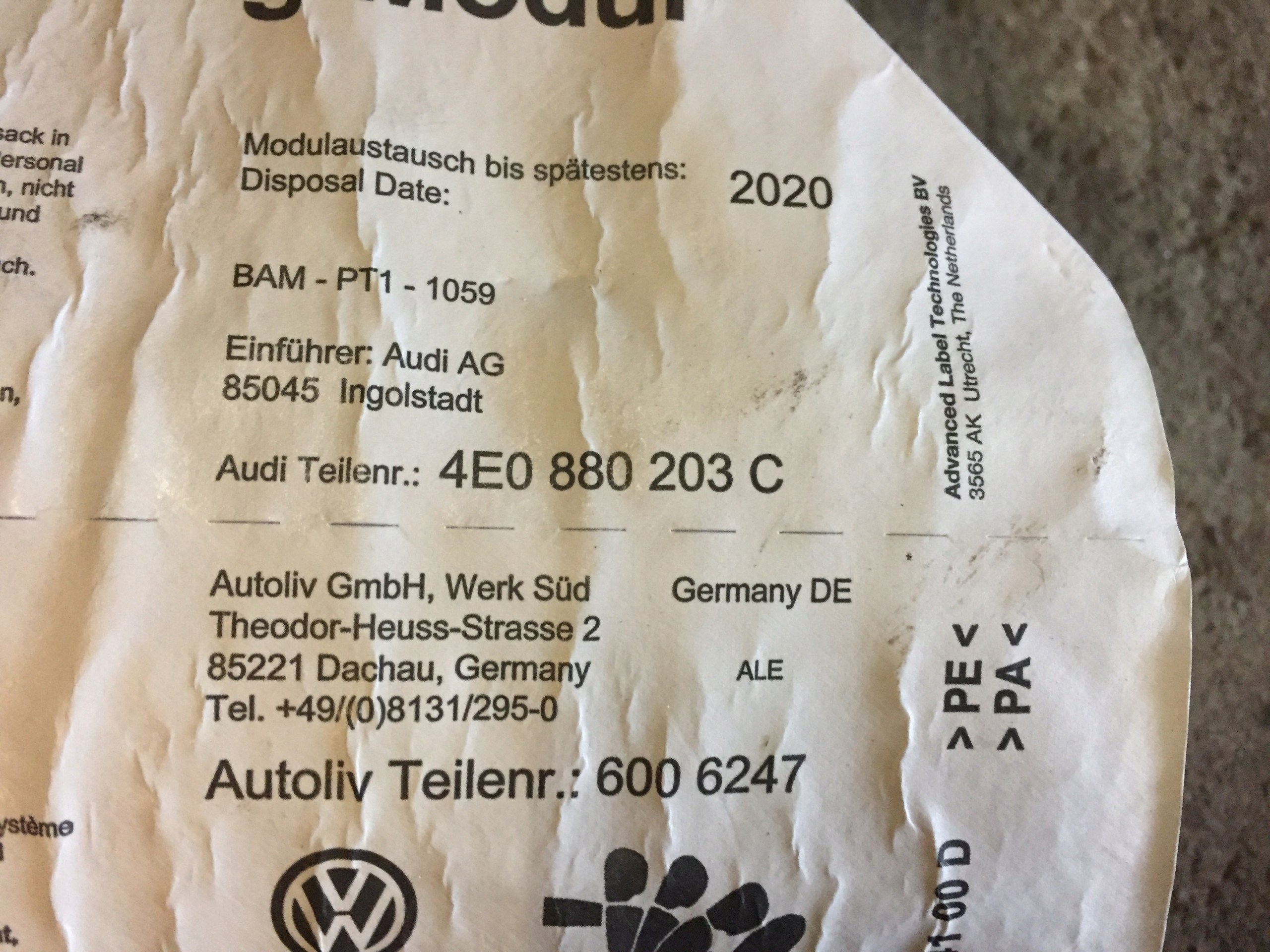 AUDI A8 D3 airbag airbag passeggeri 4E0880203C