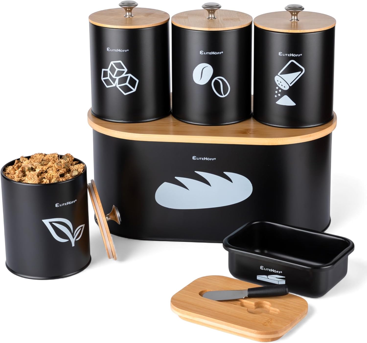 EliteHoff Černý chlebník s prkénkem nádoby a máslenka