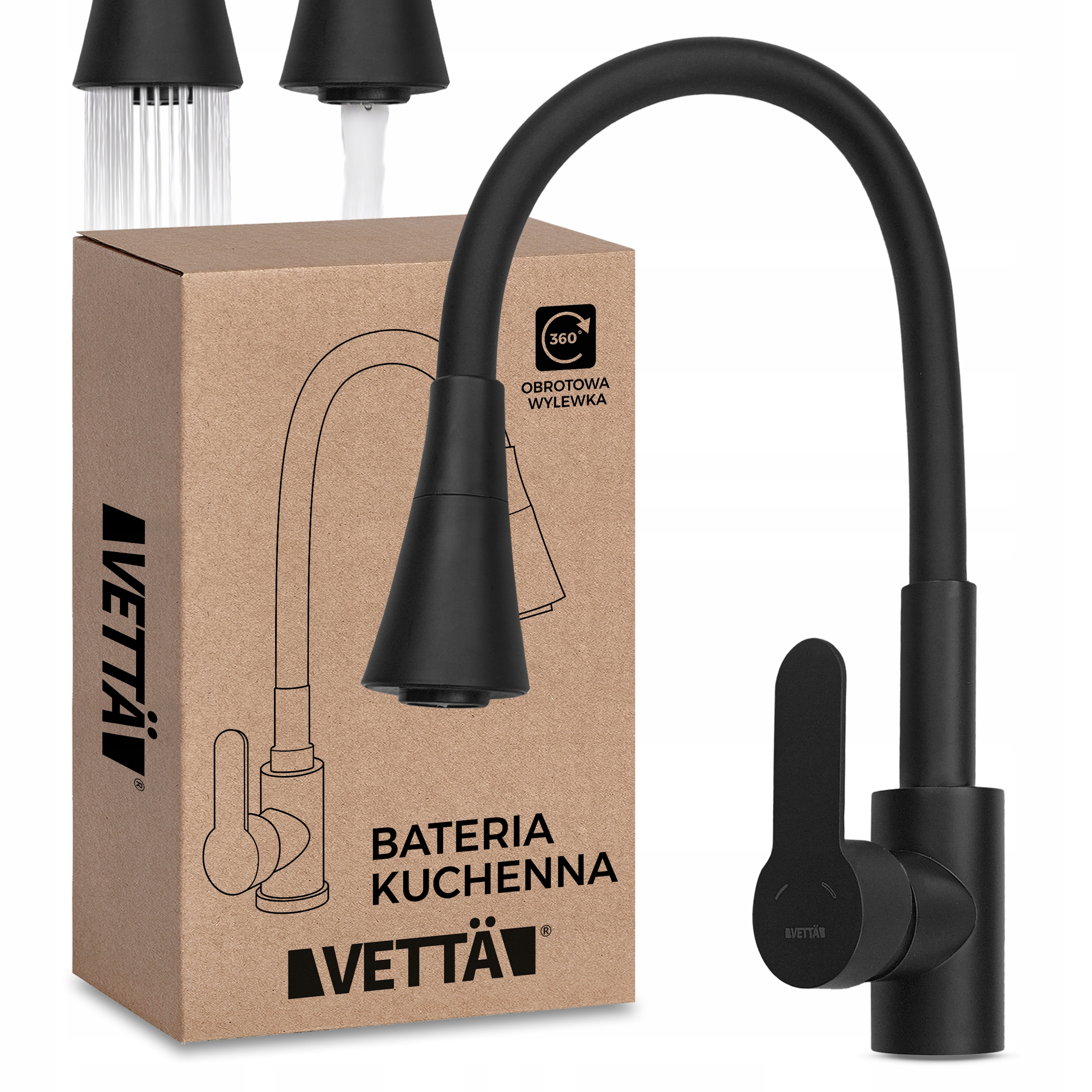 Kuchyňská baterie s flexibilním ohebným výtokem a vysokým kohoutkem pro umyvadlo, černá