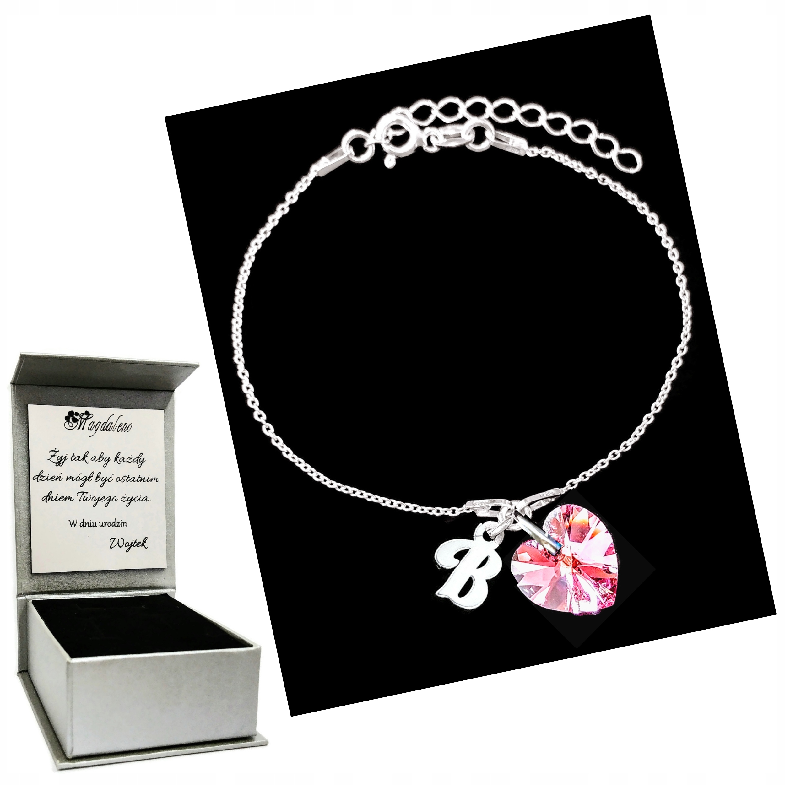 

Bransoletka Litera B Serce Swarovski Grawer Srebro