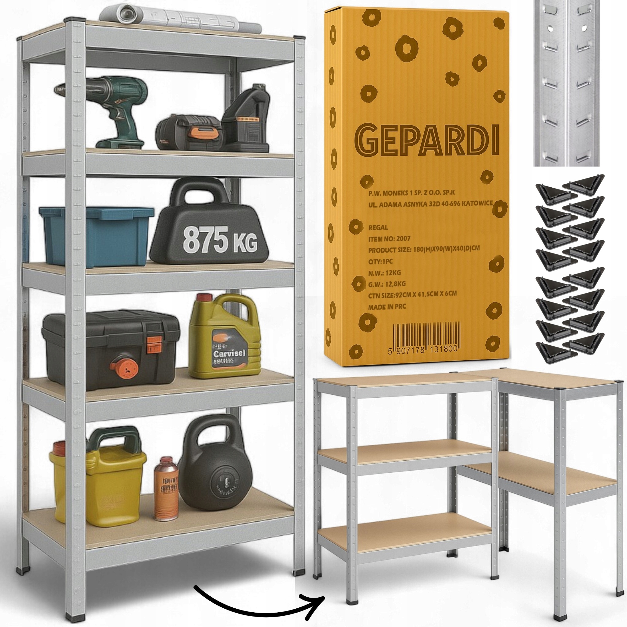 Kovový Skladovací Regál Pro Garáž Sklepů Pevný 180X90X40 Gepardi 875 kg