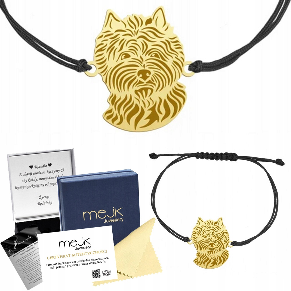 Zlatý náramek s psem Cairn Terrier 925 Šperky Dárek Gravírování Bonus