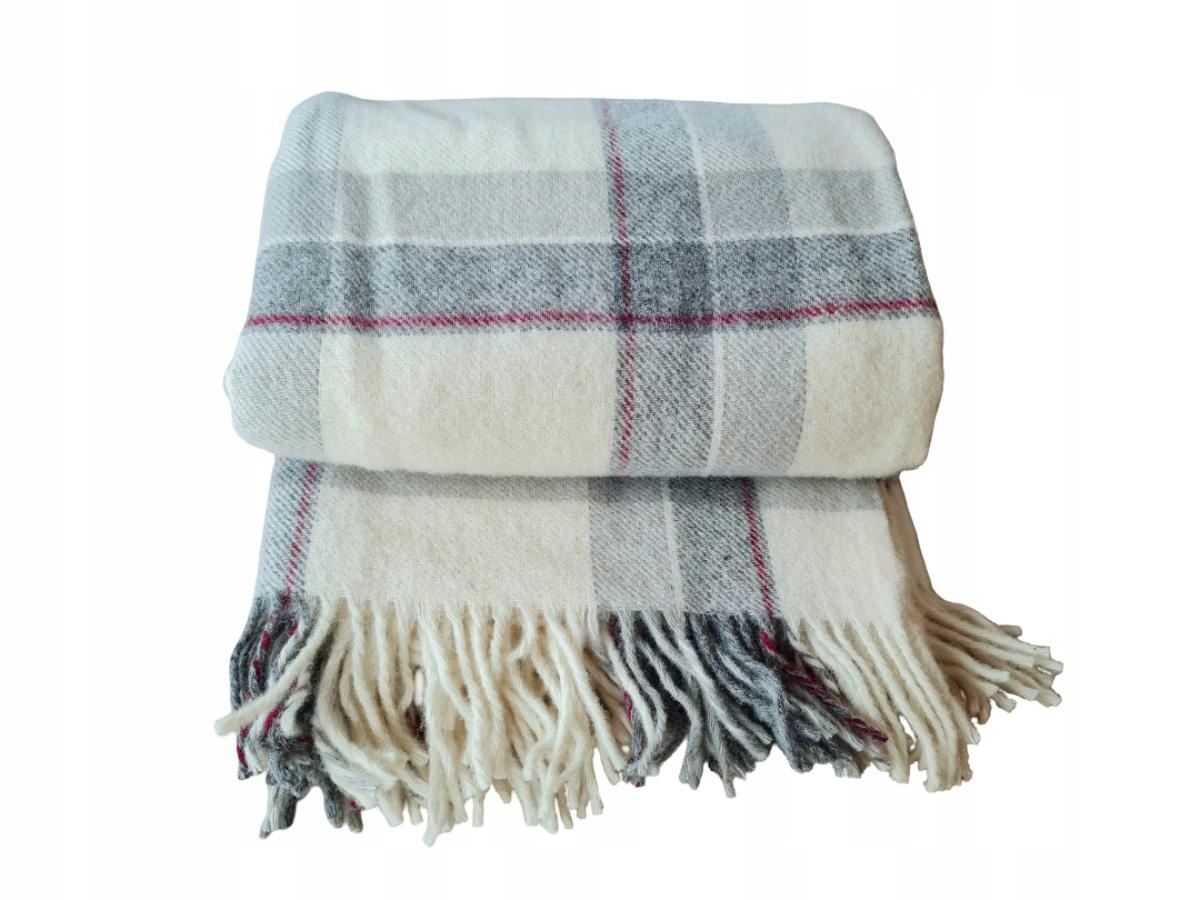 Vlněná deka s třásněmi 150x200 novozélandská vlna kostkovaná šedá ekri čer