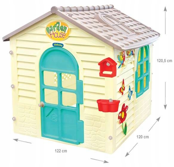 DUŻY DOMEK OGRODOWY DLA DZIECI OTWIERANE OKIENNICE DRZWI SKRZYNKA NA LISTY Producent Mochtoys