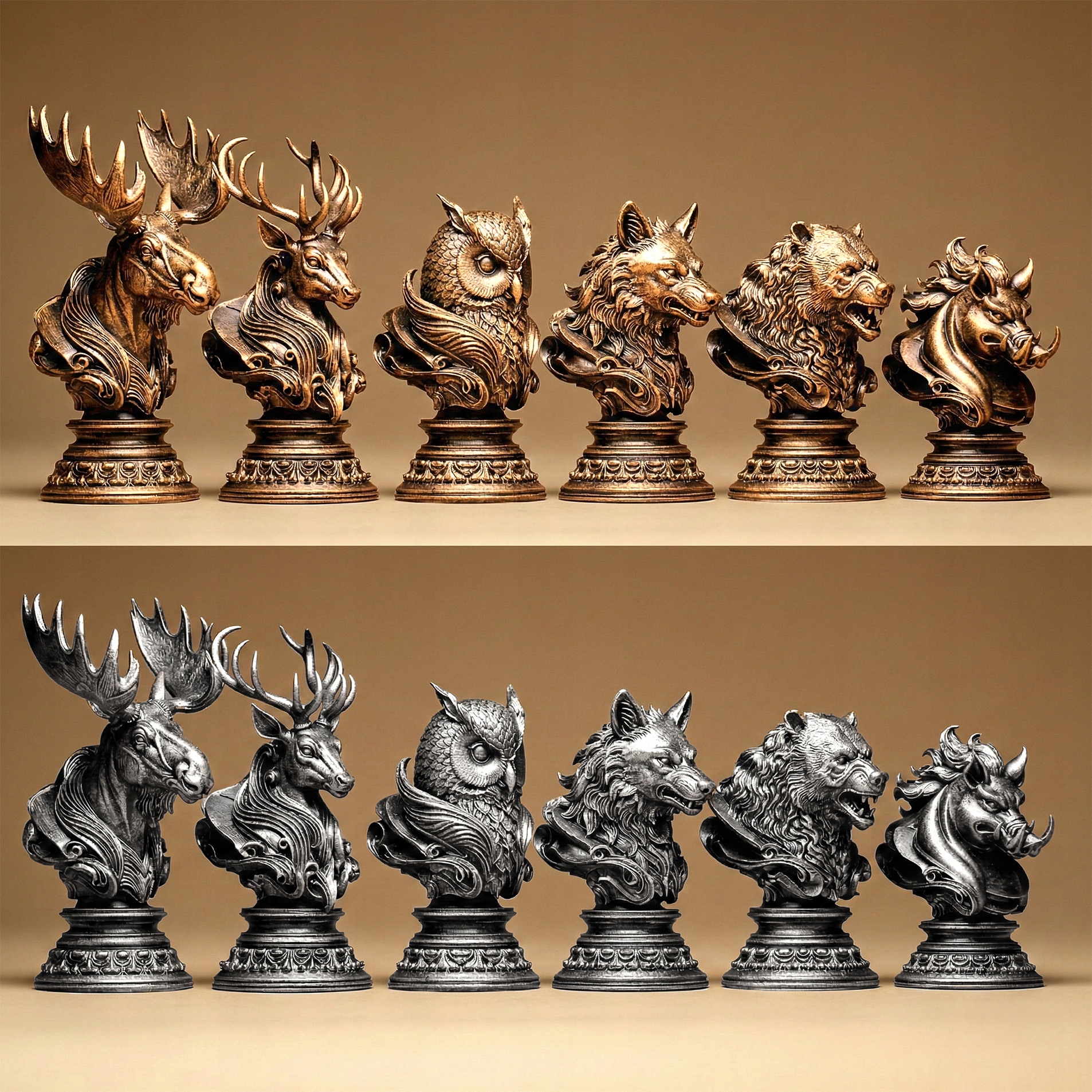 Lesní šachové figurky Divoká zvířata Šachy Sada 32 kusů 3D tisk vel. M