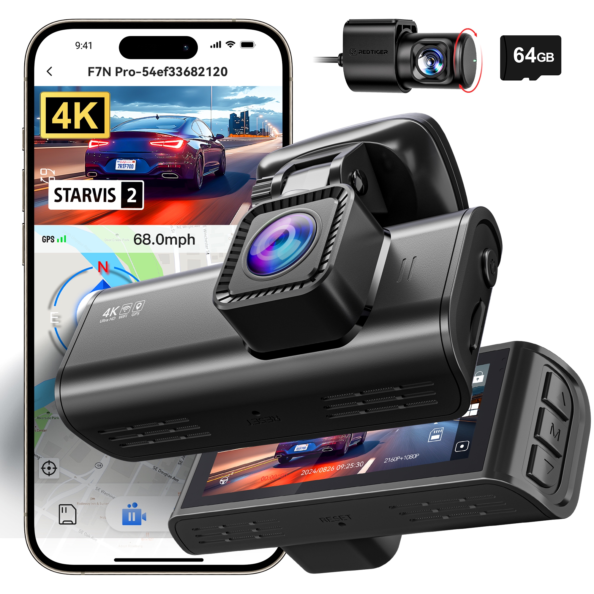 4K Autokamera Redtiger F7N Pro Gps WiFi Predná a Zadná Kamera, Parkovací Režim, 64GB