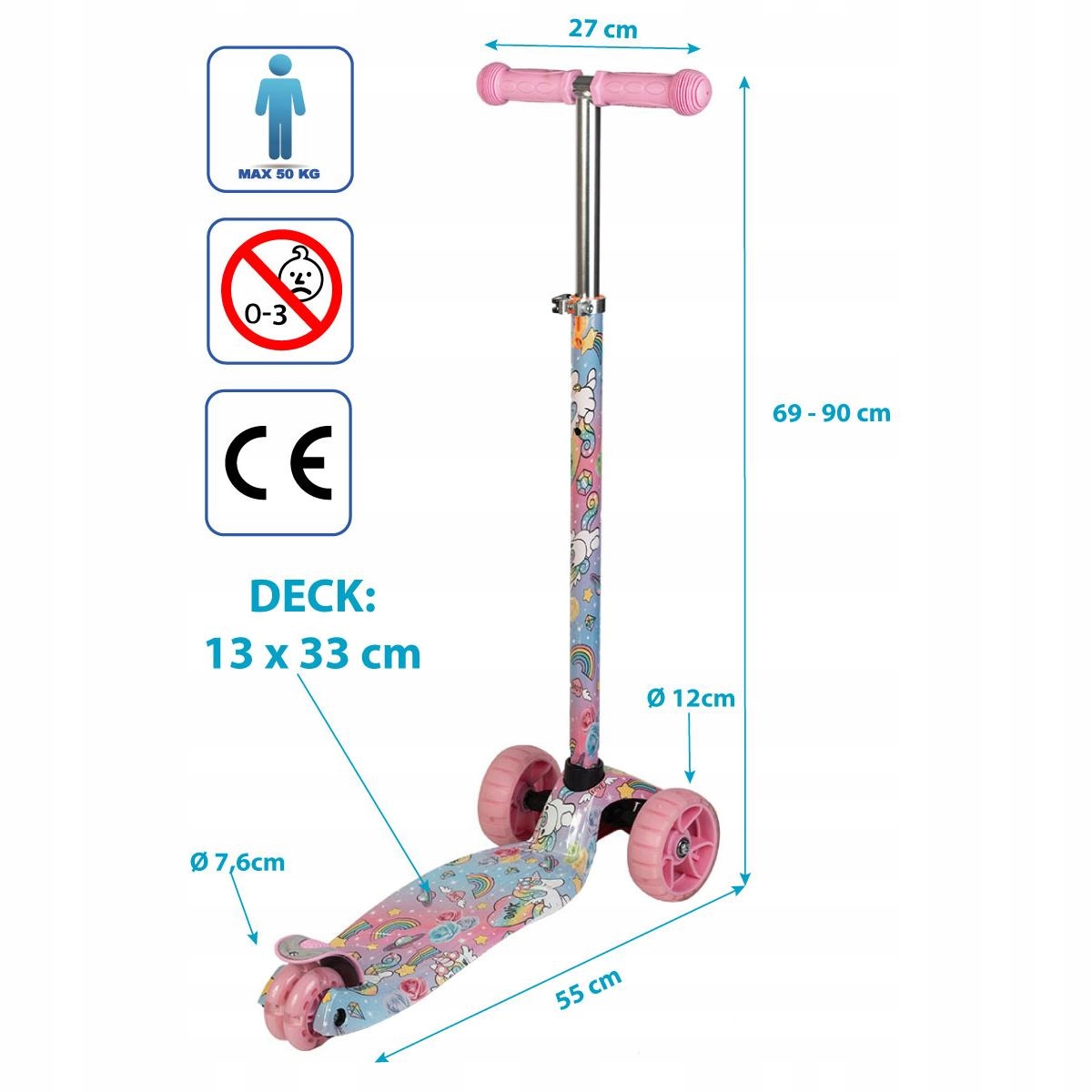 HULAJNOGA 3 KOŁOWA BALANSOWA ENERO MAXI UNICORN ŚWIECACE KOŁA LED Hamulec tak