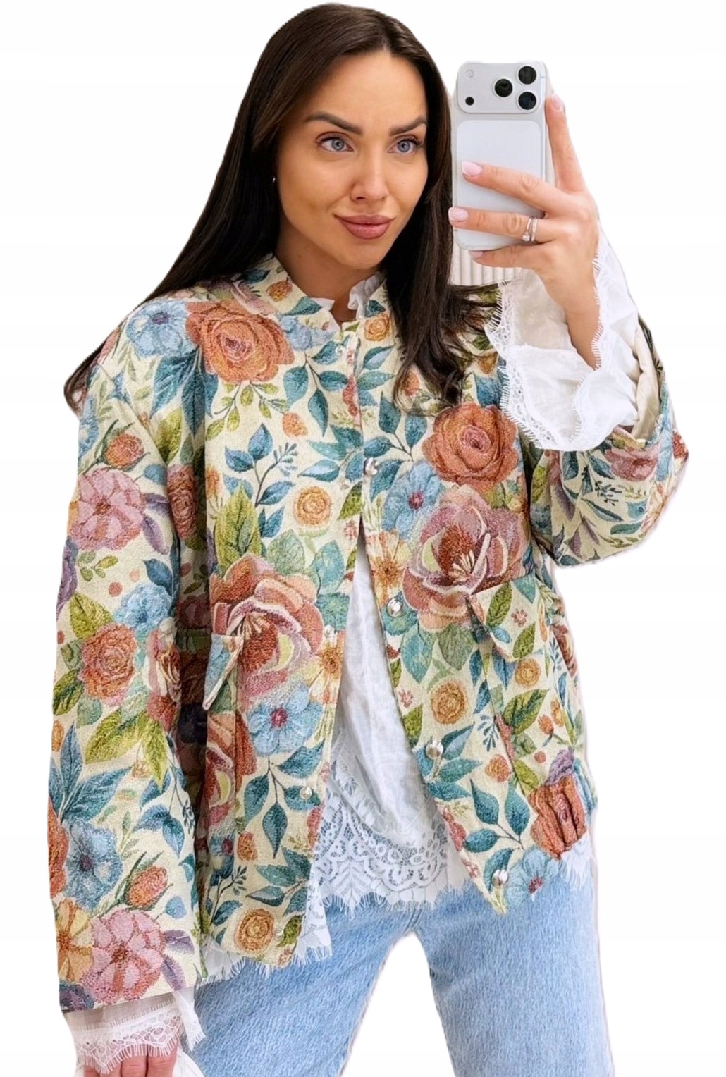 Kurtka gobelin żakard Bomberka kwiaty liście Uni