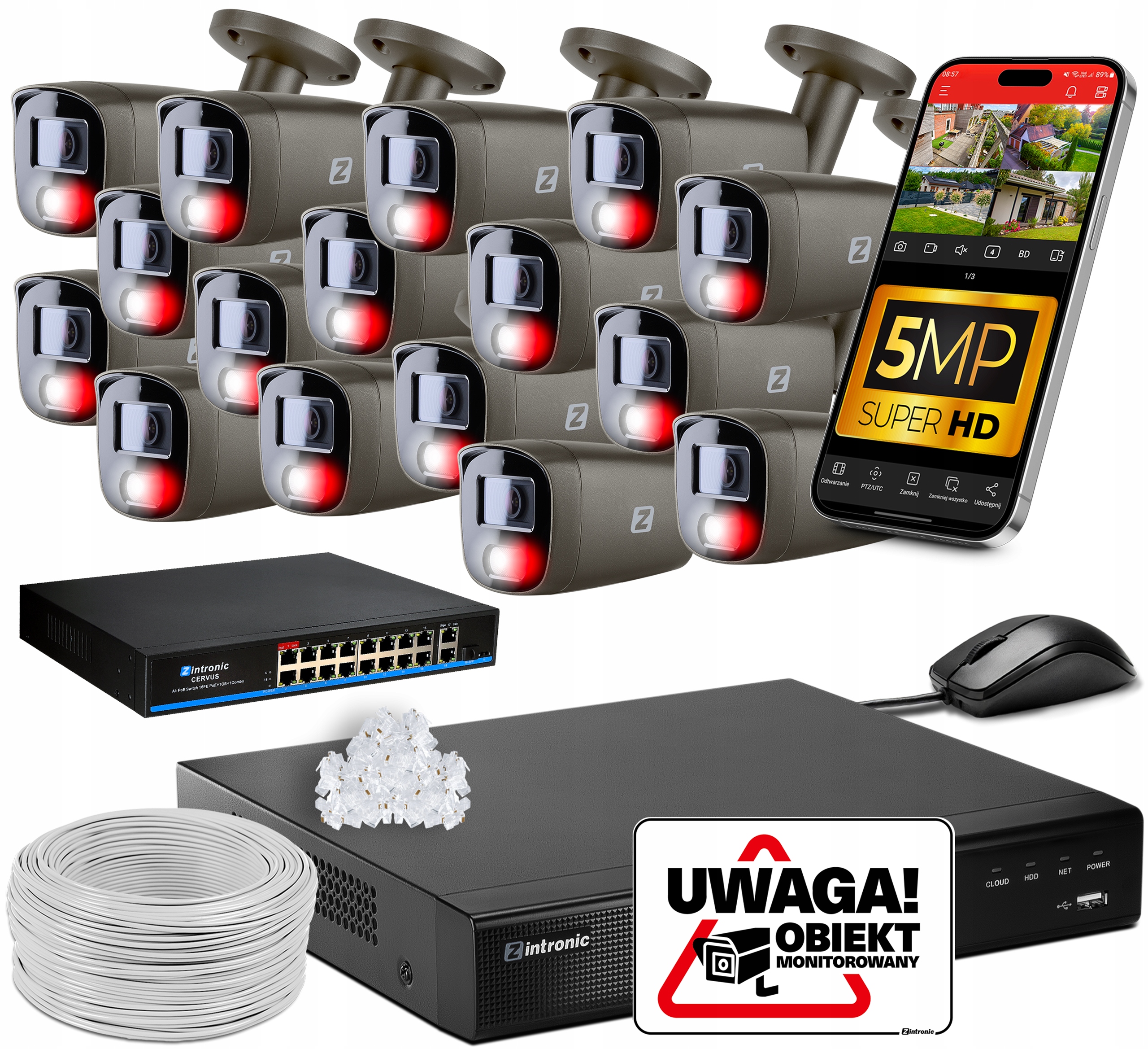 Monitorovací sada 16 kamer 5MPx Ip Poe Bez Disku Náhled Aplikace Switch