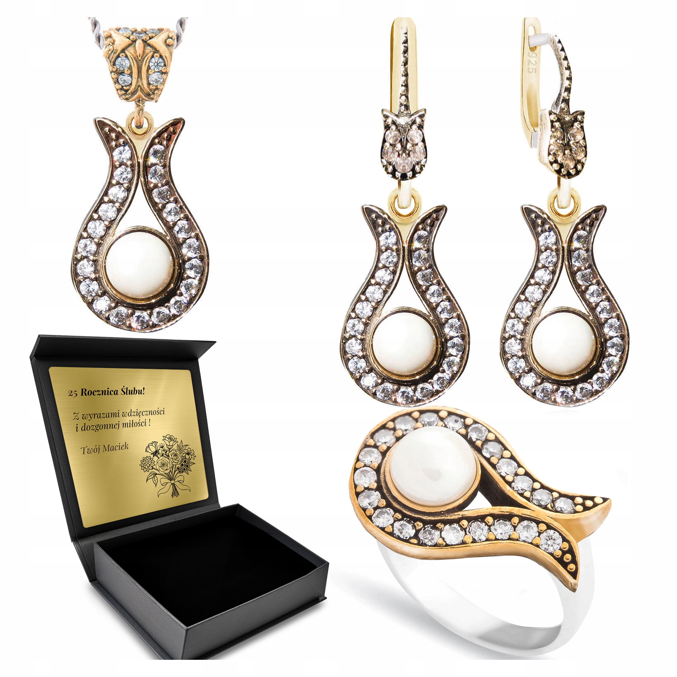 Sada Stříbrných Šperků 925 Zirkony Perla Sada Pro Ženu Gravírování