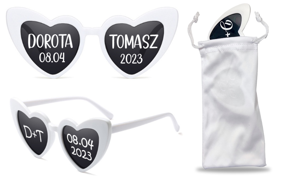 OKULARY Z NAKLEJKAMI NAKLEJKI na wesele panieński białe OCHRONNE ETUI