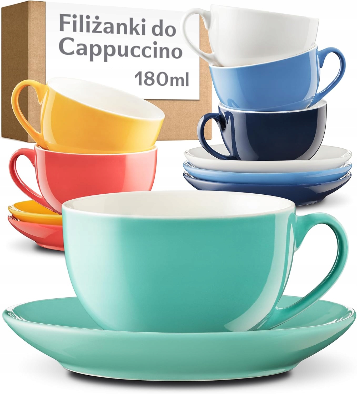 Keramické šálky na kávu cappuccino s podstavcem 180 ml, sada 6 kusů