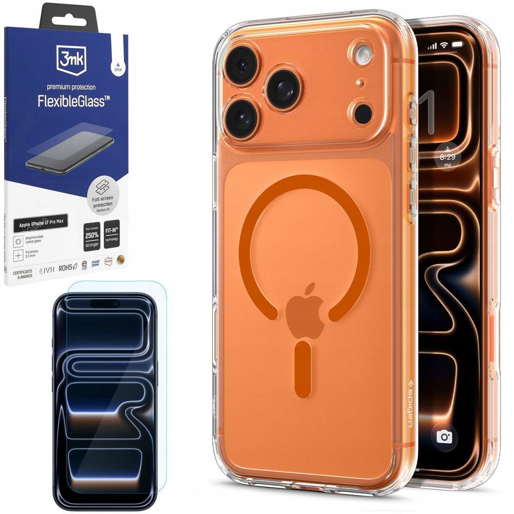 Pouzdro Spigen Ultra Hybrid MagSafe Orange Sklo 3mk pro iPhone 17 Pro Max