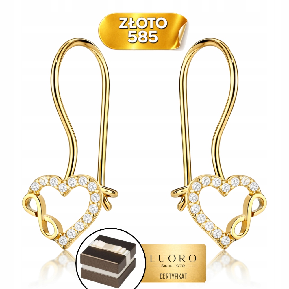 Náušnice Zlaté 585 14K Srdce Zirkony Znak Nekonečna Bižuterie 17 MM