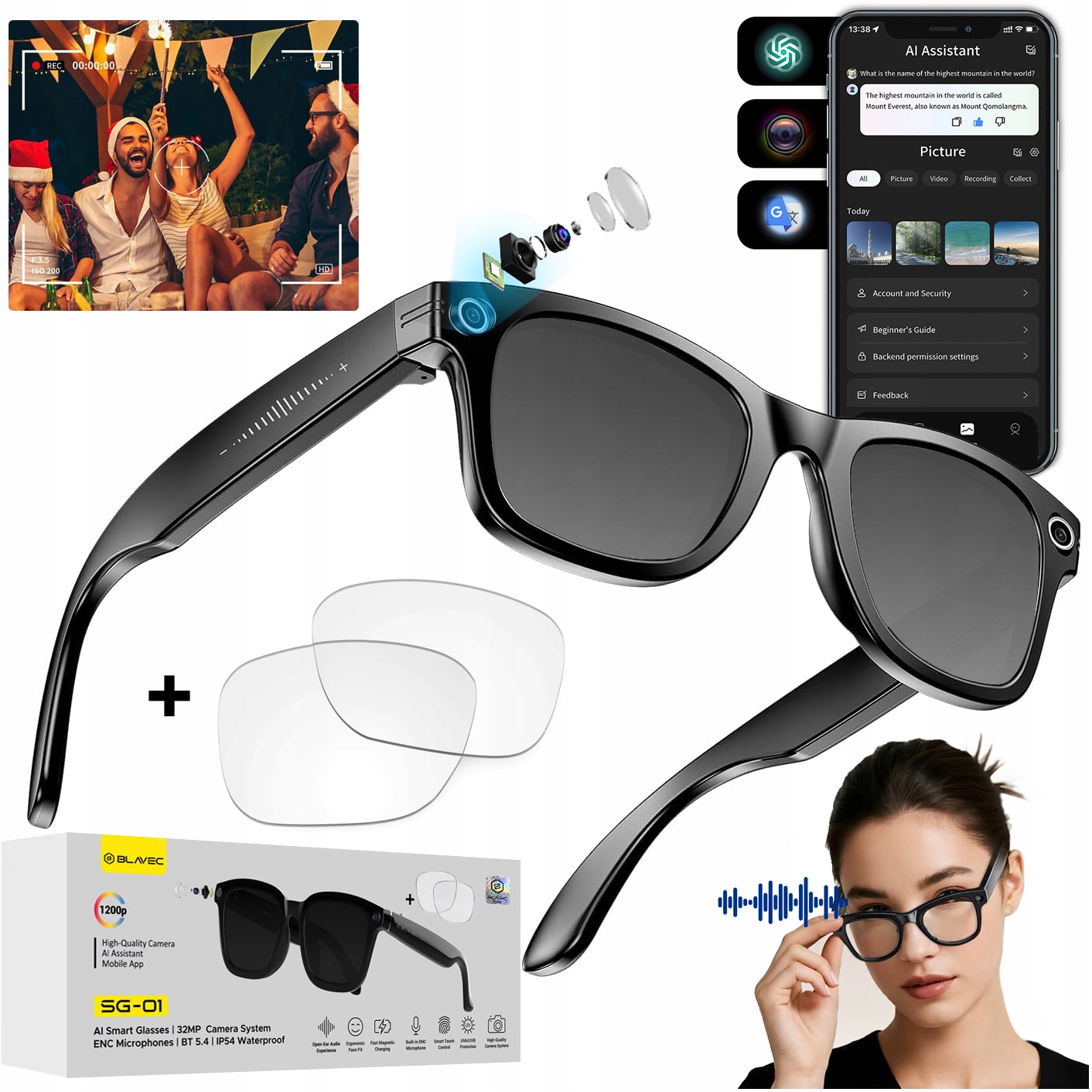 Blavec Smart Glasses Inteligentní brýle Ai Kamera Hd Reproduktory Asistent