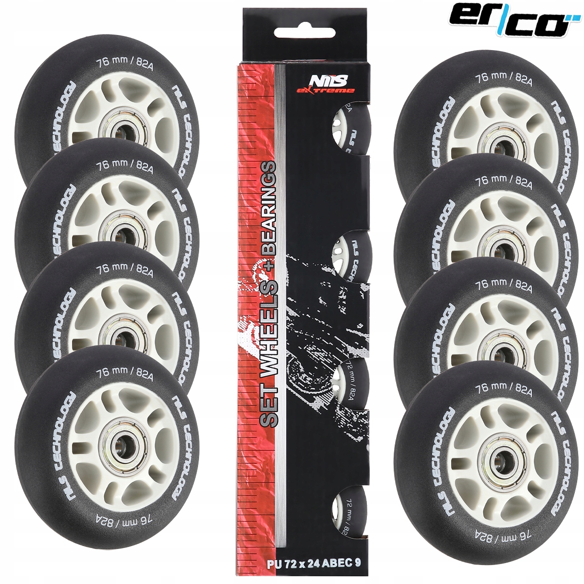 Kolečka na kolečkové brusle 8ks Ložiska 16 Ks. ABEC-9 76mm Černá Rychlá Pouzdra