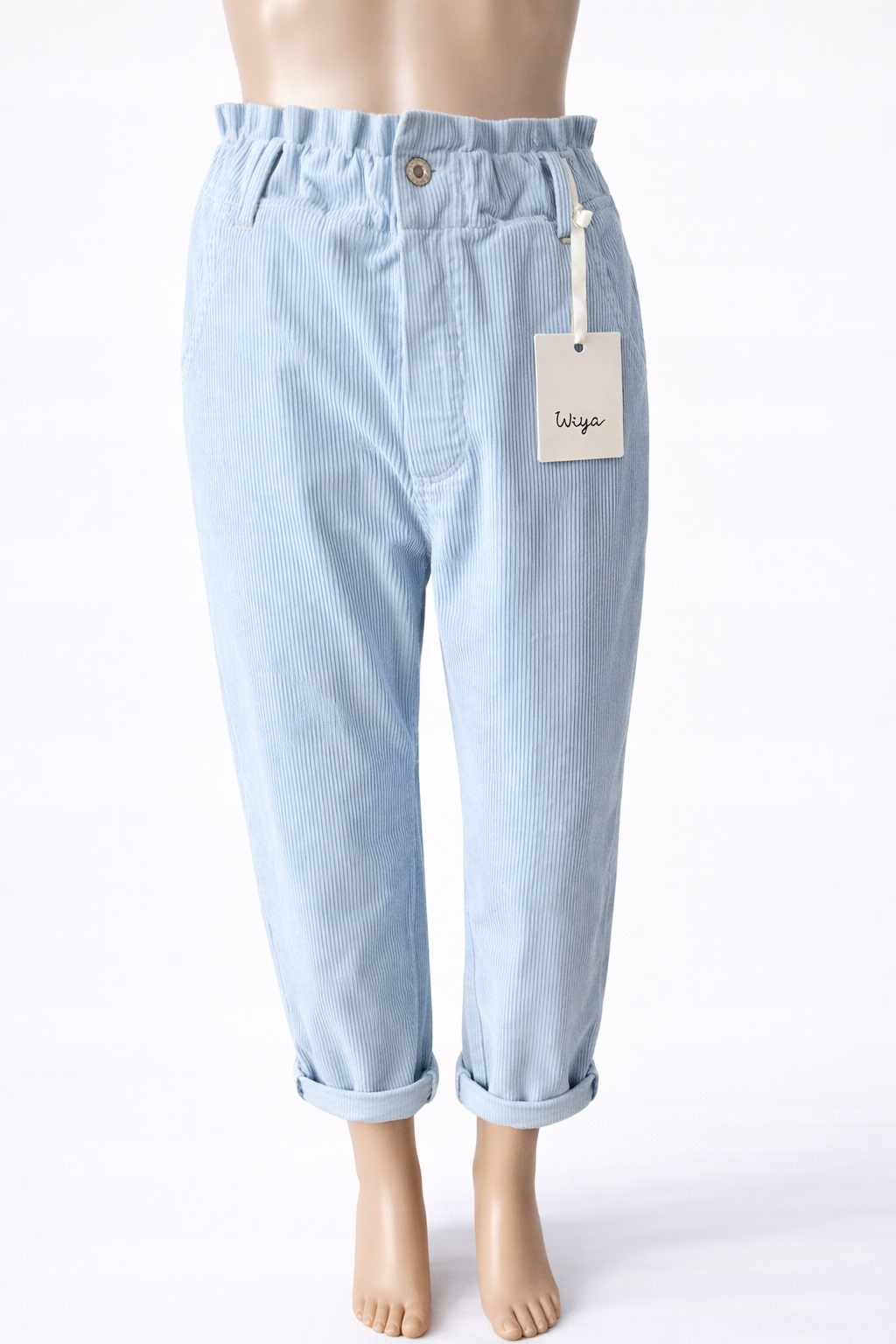 Spodnie sztruksowe damskie włoskie Wiya chinos gumka w pasie S błękit