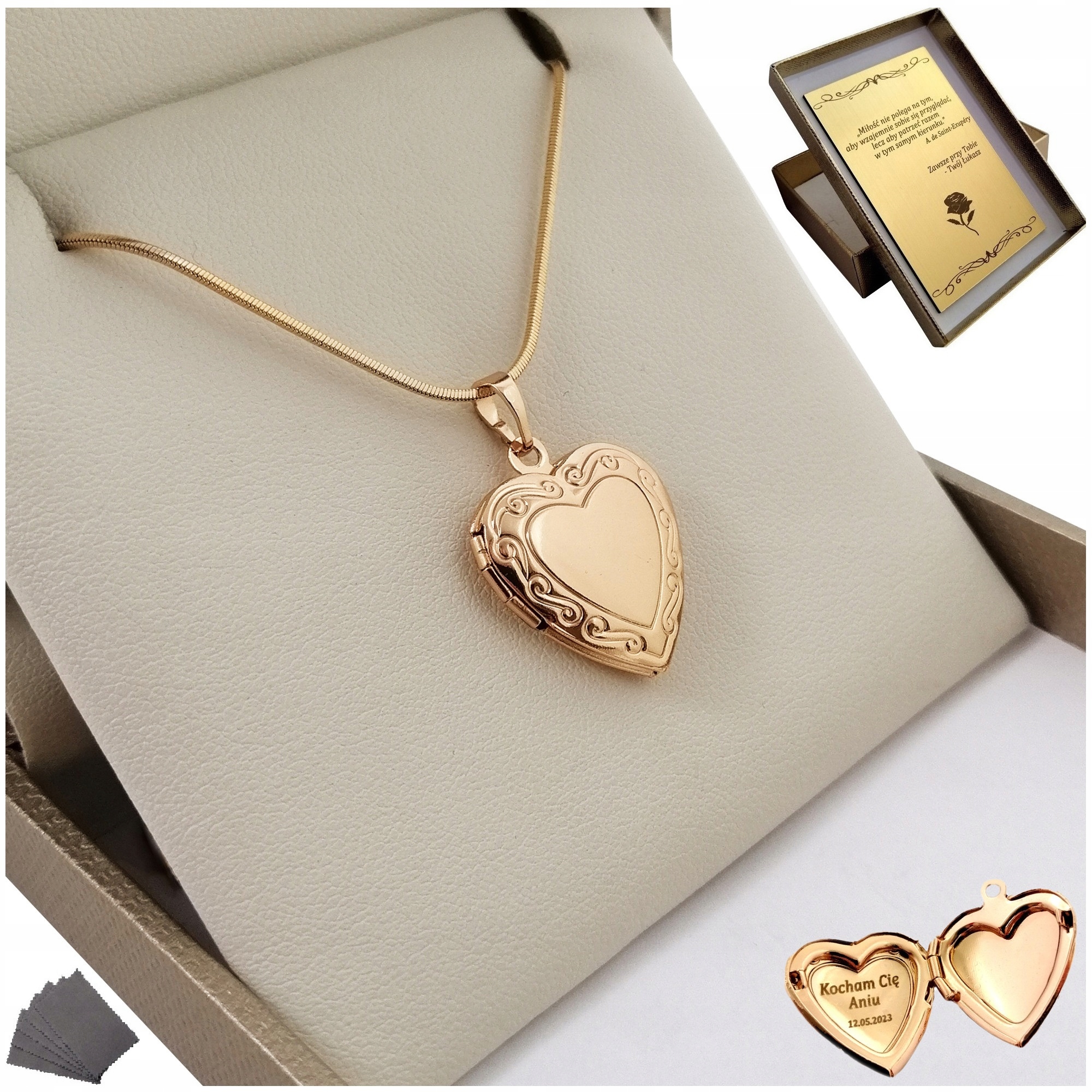 

Piękny Damski Naszyjnik Serce Otwierane Grawer