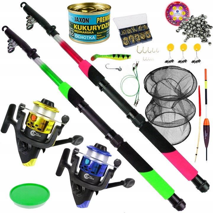 Zestaw Wędkarski 2x Wędka 2x Kołowrotek Przynęta Jaxon na spławik spinning