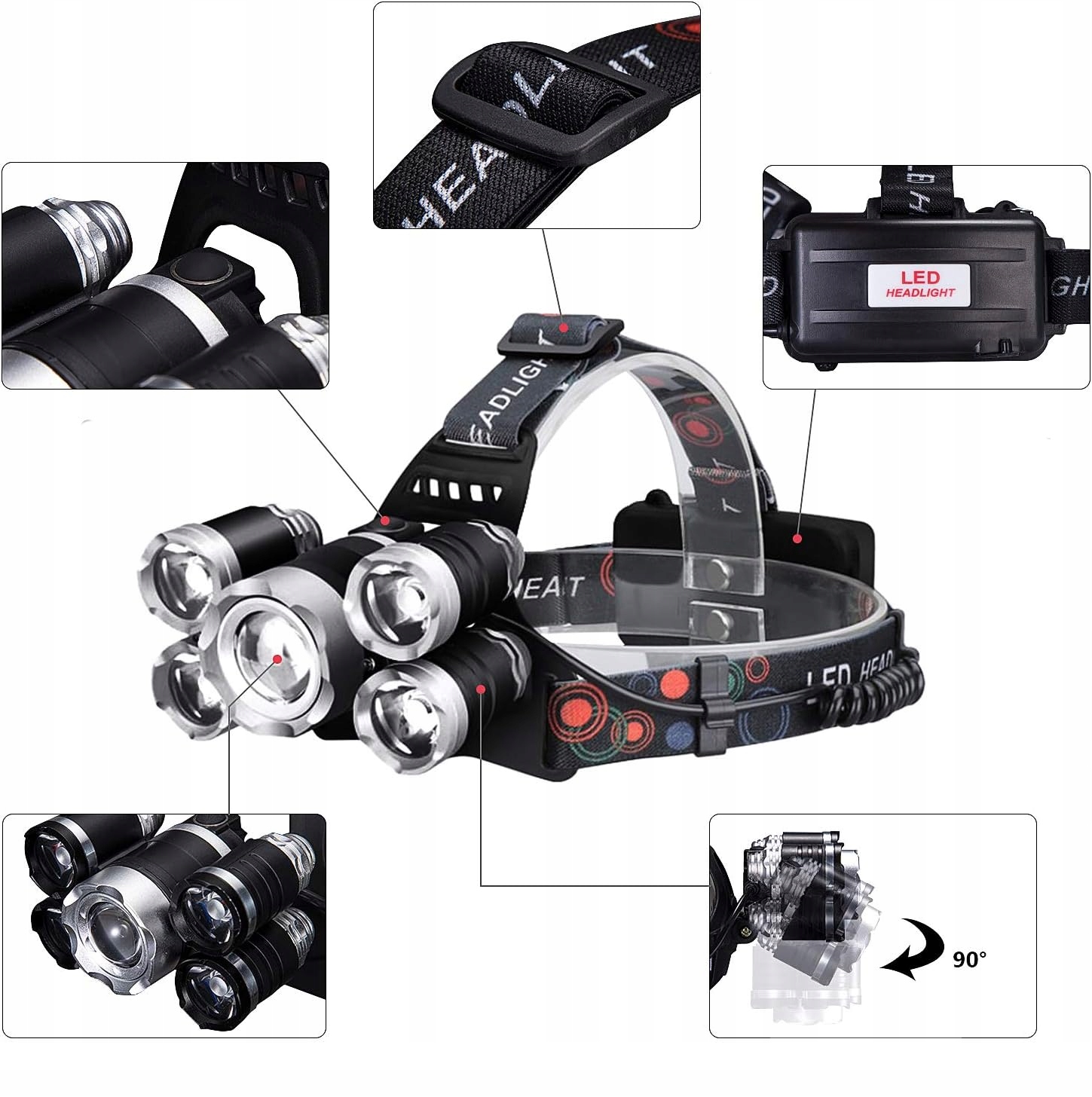 LATARKA CZOŁOWA 5 LED ZOOM MOCNA LAMPKA REFLEKTOR CZOŁÓWKA WODOODPORNA EAN (GTIN) 5903802341720