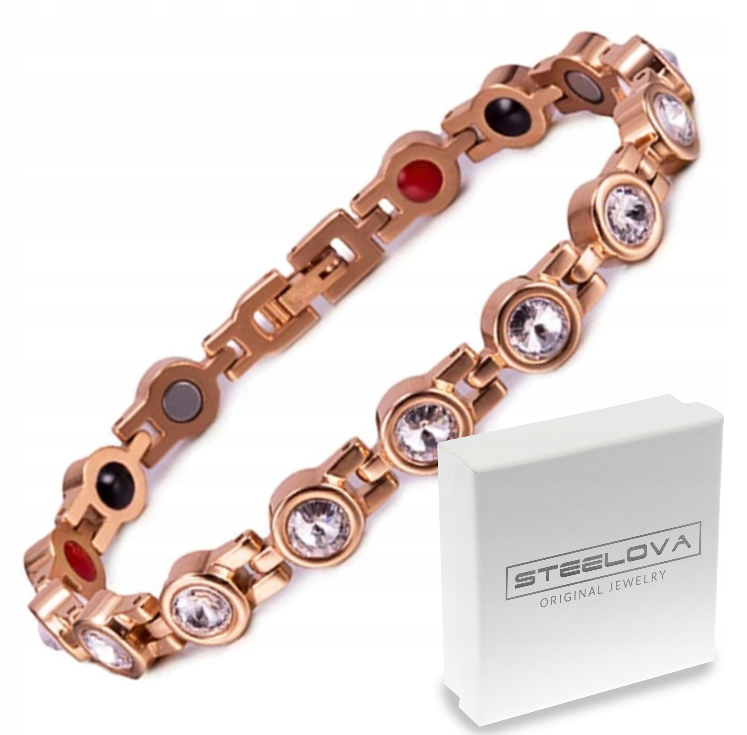 Ocelový magnetický náramek Kolečka s zirkony, růžové zlato