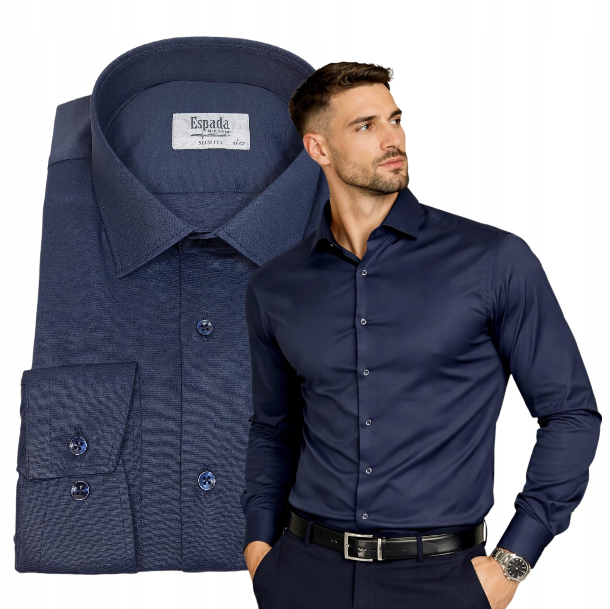 Pánská košile Tmavě modrá Bavlněná Elegantní Elastická Slim vel. L