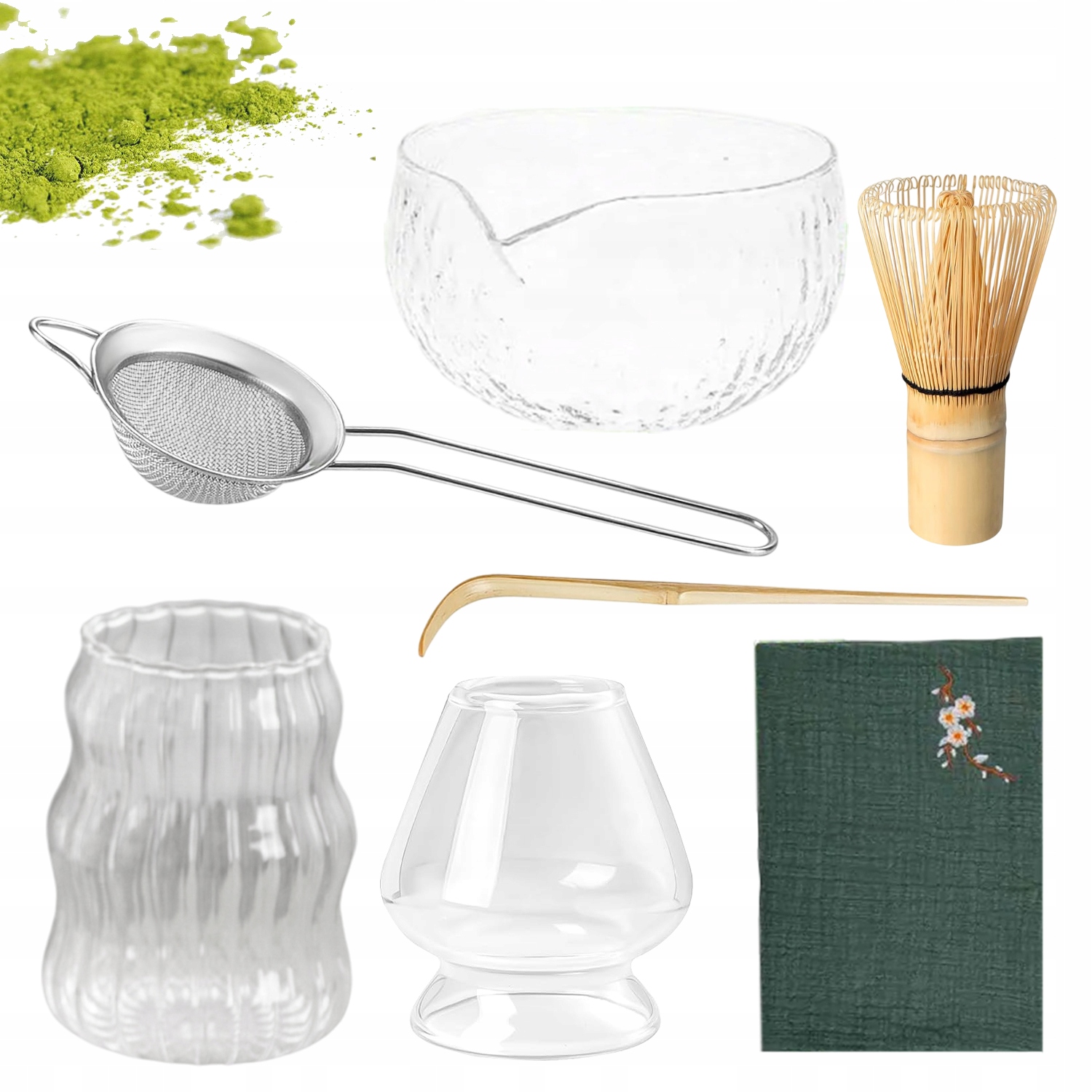 Levně 7X Dárková Sada Na Čaj Matcha Šálek Metlička Podstavec Lžička