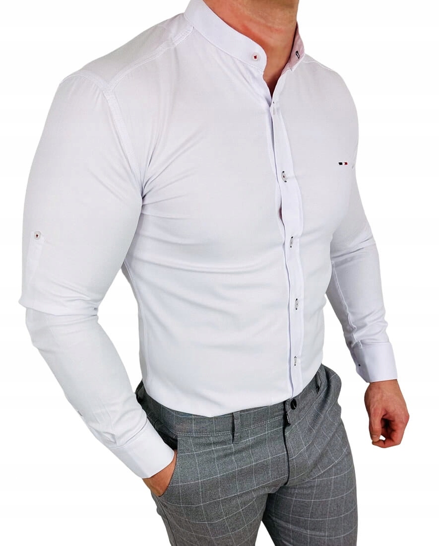 Biala koszula meska logo ze stojka slim fit - L Rozmiar L