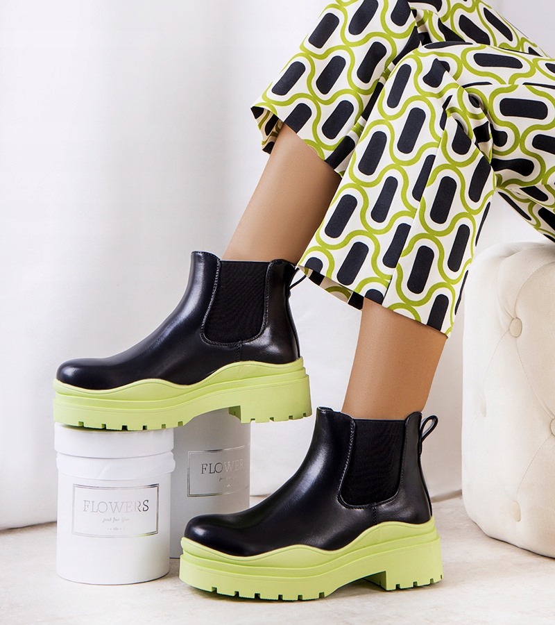 Czarne botki zielona platforma modne buty 8817 40 Marka bez marki