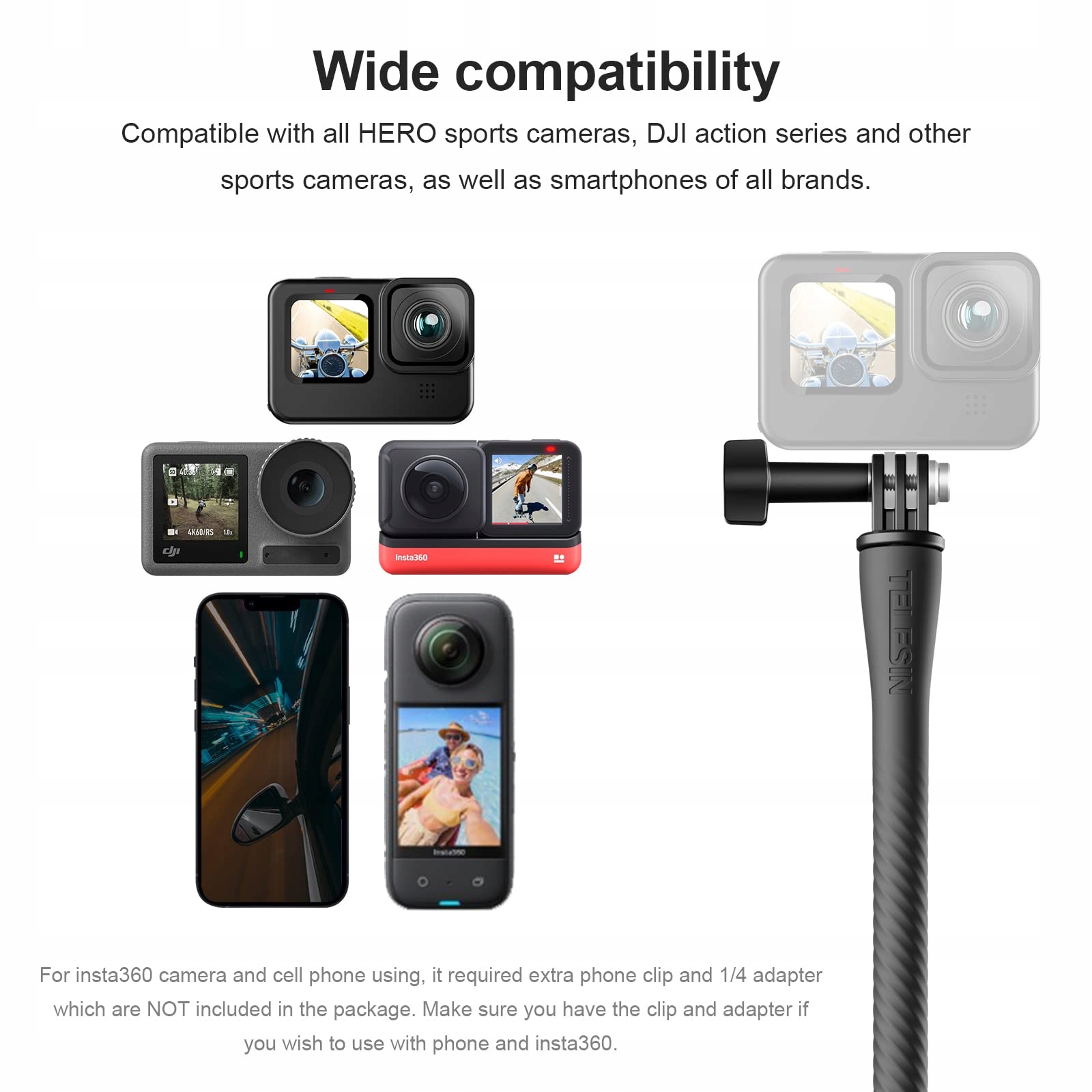 TELESIN Uchwyt Do Selfie-Sticka Dla GoPro DJI Insta360 Kamery Akcji — miniatura 7