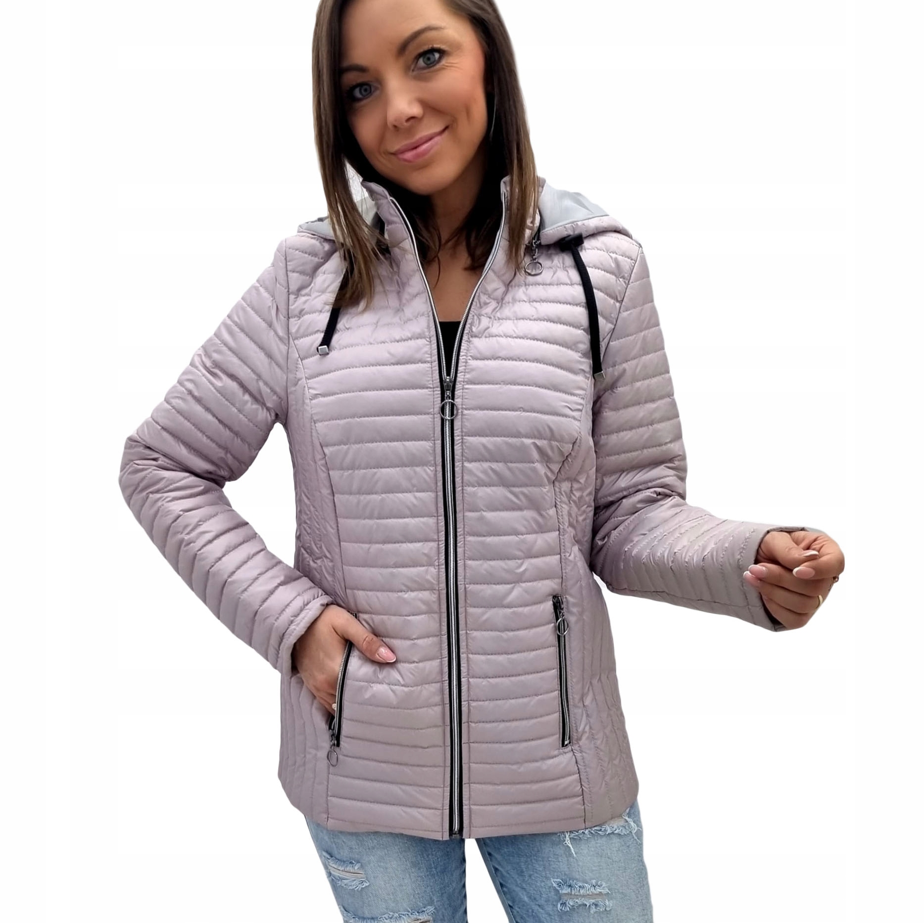 Dámská podzimní prošívaná přechodová bunda s kapucí Aster růžová 6XL