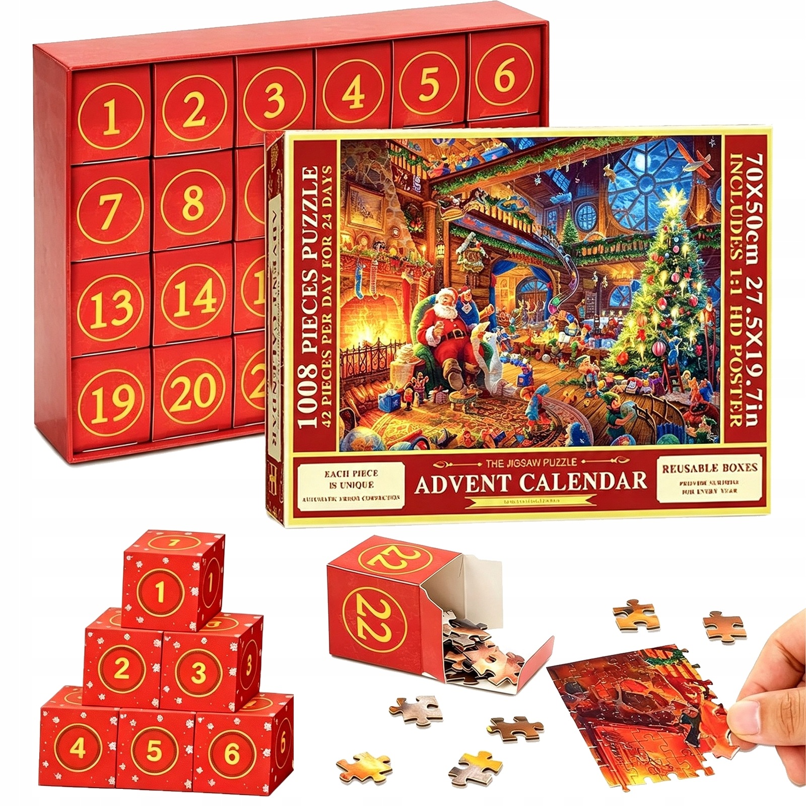 Adventní puzzle kalendář, 1008 dílků, 24 krabiček pro vánoční odpočítávání