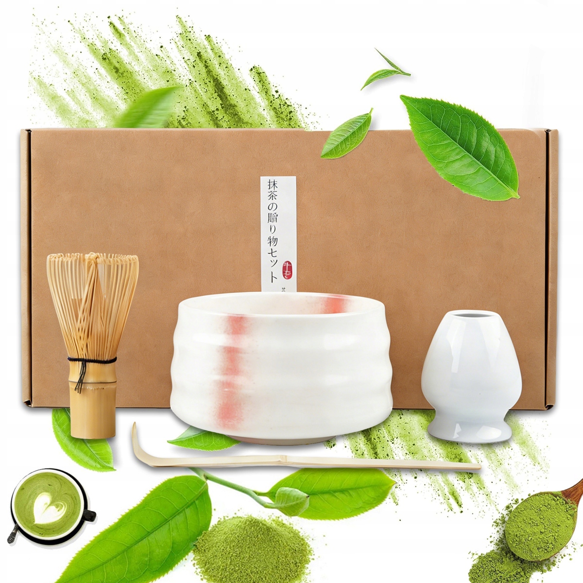 Levně Dárková sada na čaj matcha šálek metla lžička 4v1