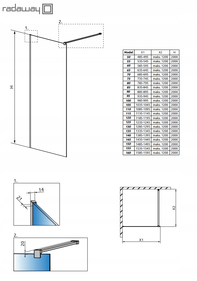 Modo New II Walk-in ścianka 100x200 RADAWAY Szerokość produktu 100 cm
