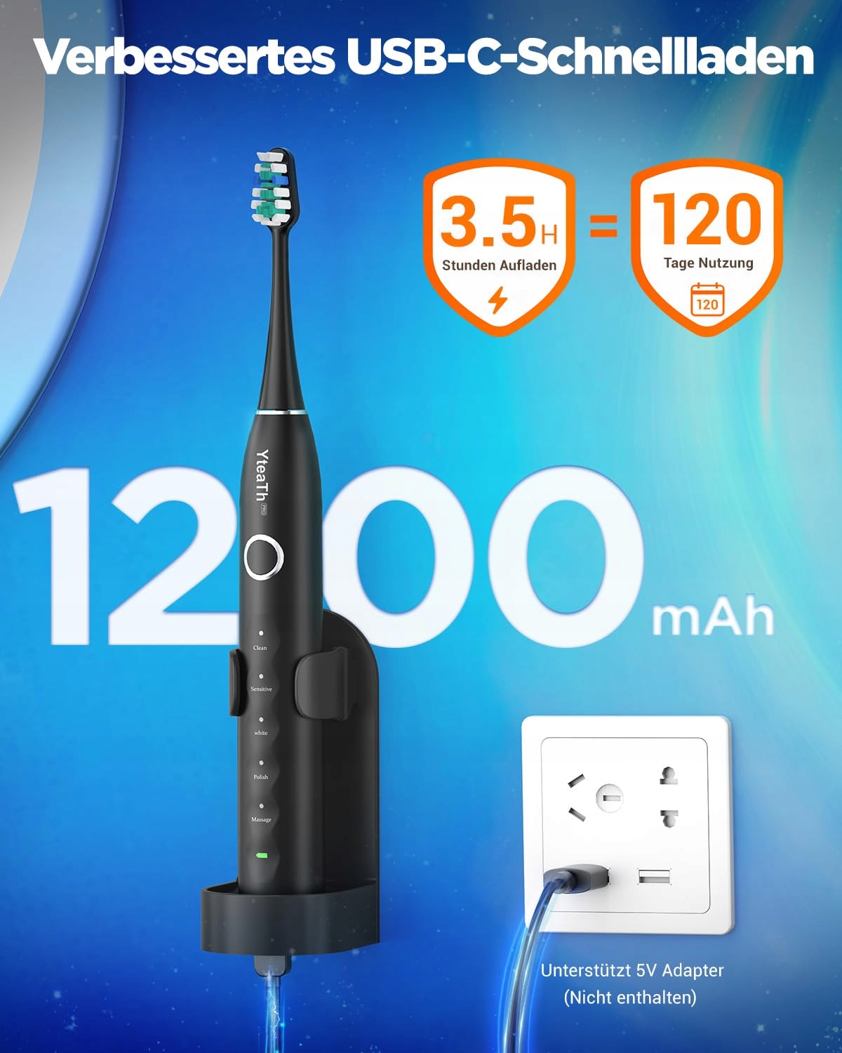 YTEATH Szczoteczka Soniczna Dla Dorosłych 120 Dni 8 Główek 5 Trybów — miniatura 4
