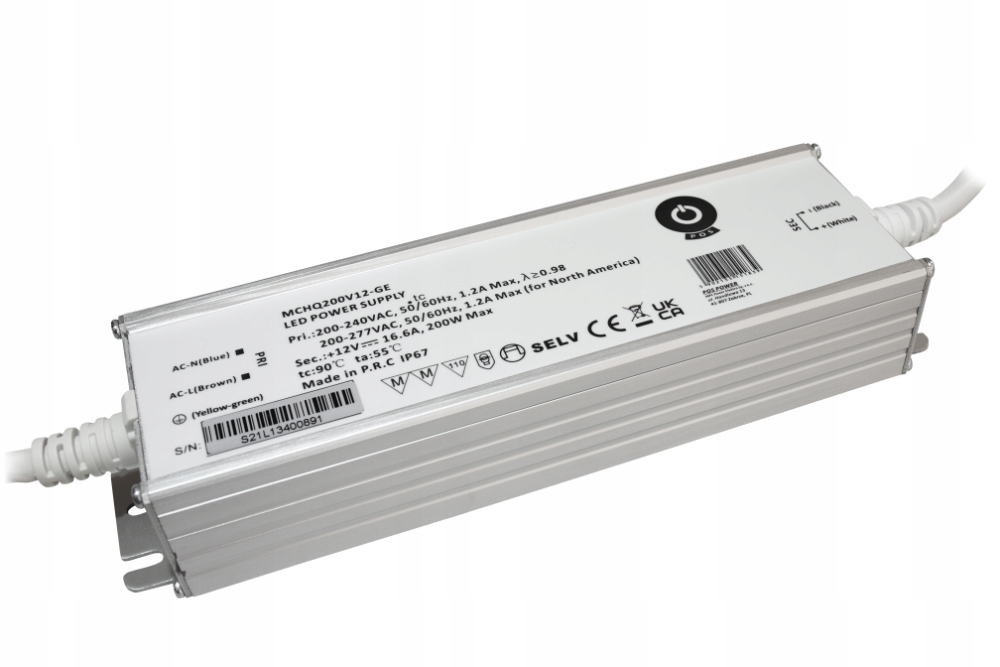 Led zdroj 12V/16.67A 200W Pfc kovový vodotěsný IP67 MCHQ200V12-GE