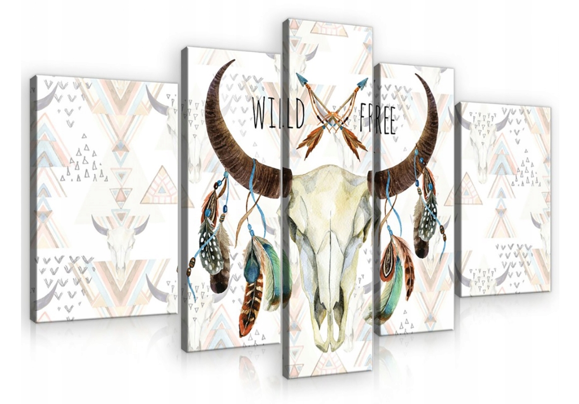Obraz 170x100 modulárny triptych bez rámu býčia lebka perie etno boho