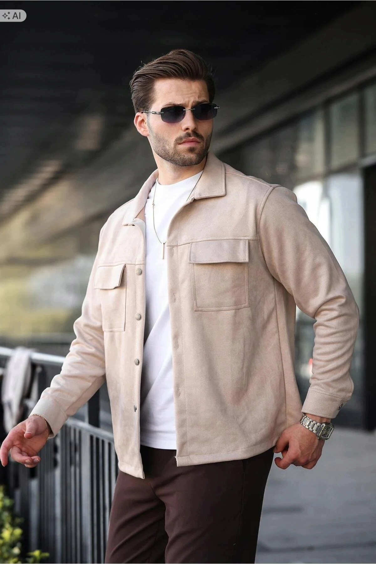 Pánská Semišová Béžová Bunda S Kapsami Elegantní XL 5IA