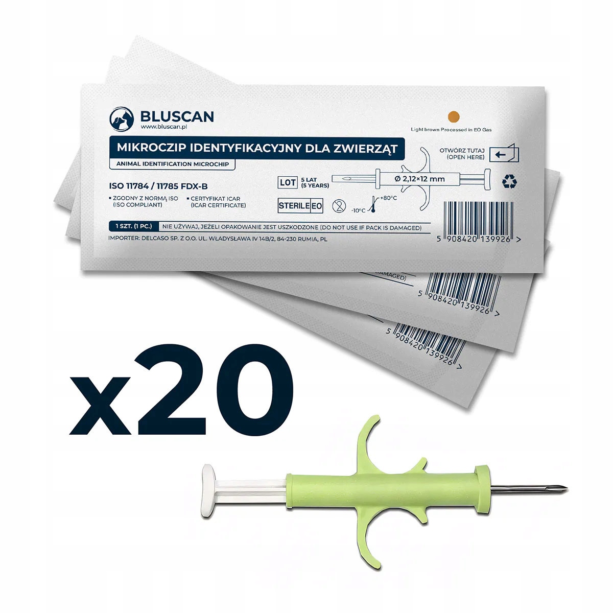 Bluscan Mikroczip Microchip Chip Czip Rfid dla psa kota zwierząt 8 mm 20szt