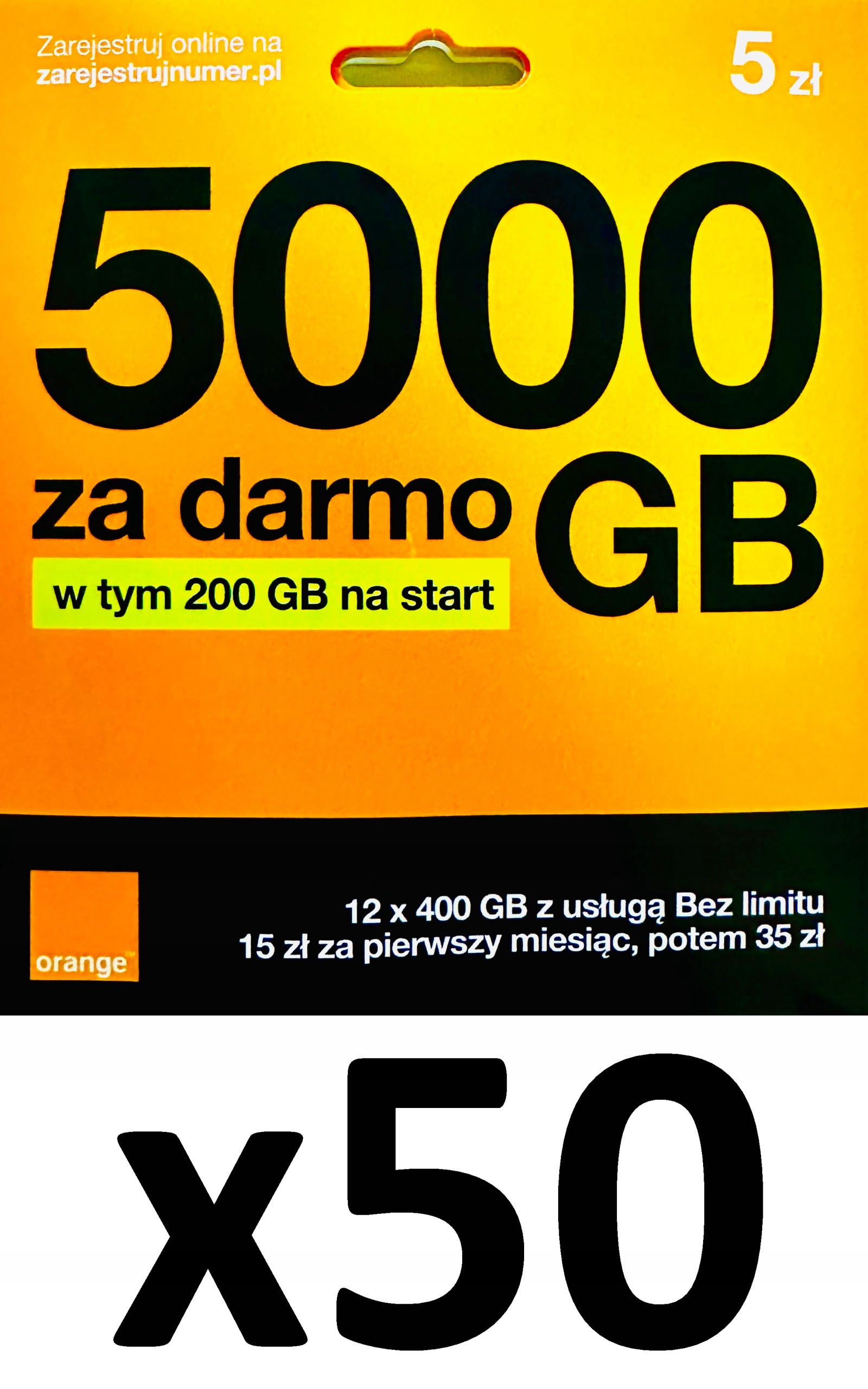 50 x Starter Orange 5Pln 5000GB 200GB na start Vat 23% Hurt