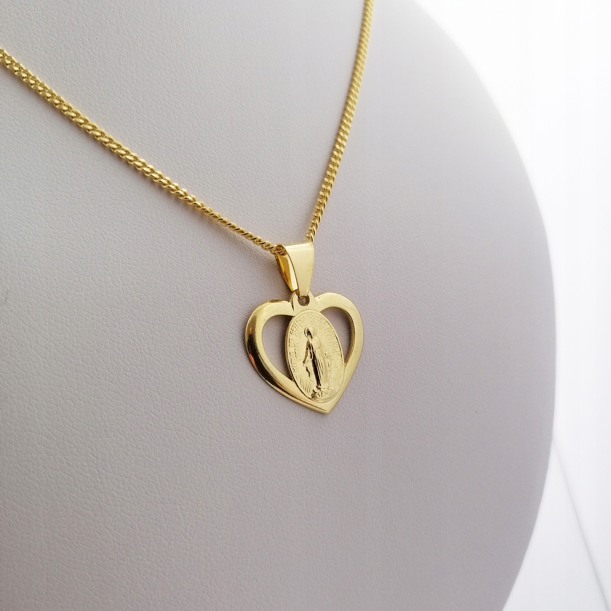 ZŁOTY ŁAŃCUSZEK+MEDALIK MATKA BOSKA W SERCU 925 PREZENT NA KOMUNIĘ CHRZEST Marka Golden Celebrity