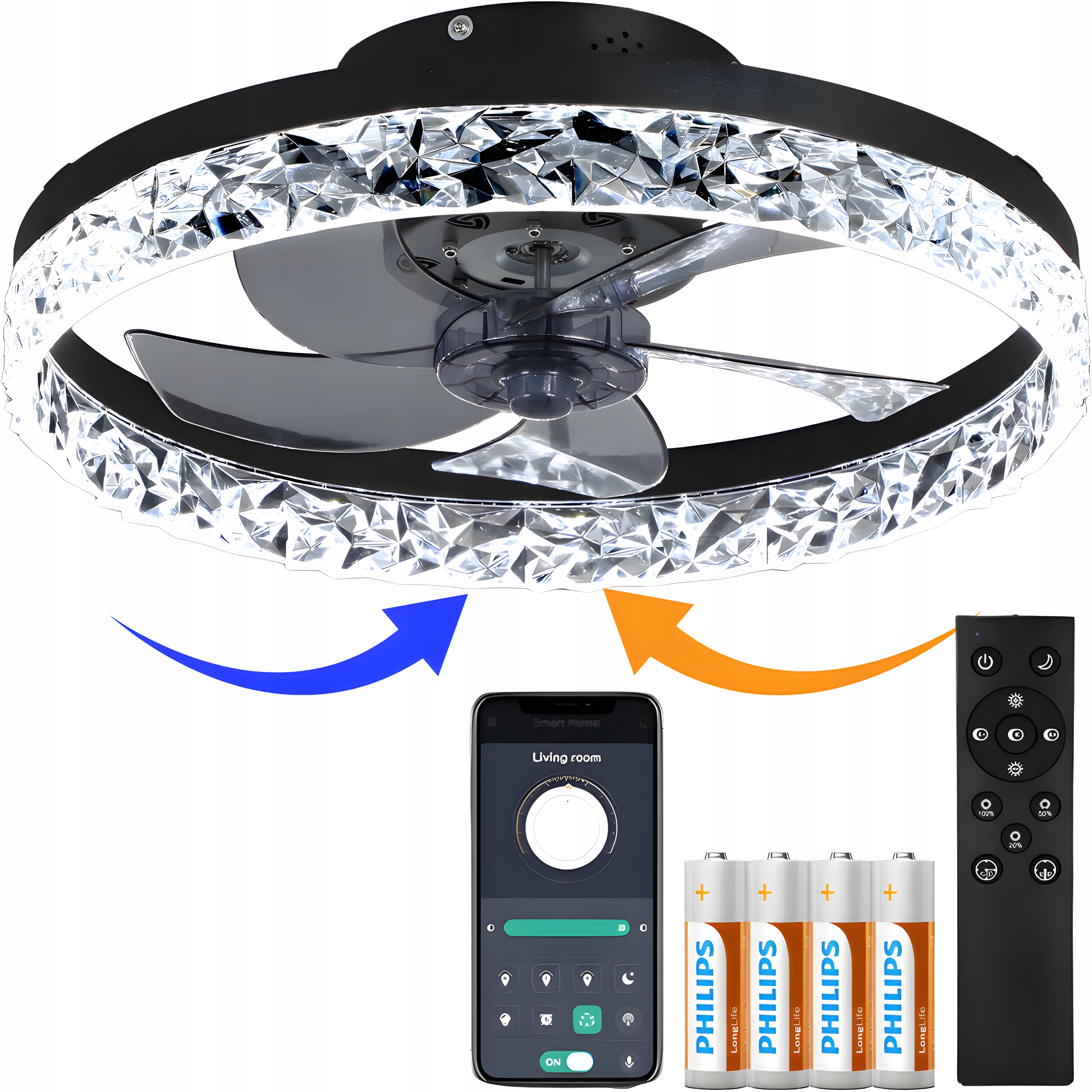Żyrandol Wentylator Sufitowy Lampa Ring 50CM Czarna Wiatrak Pilot Aplikacja